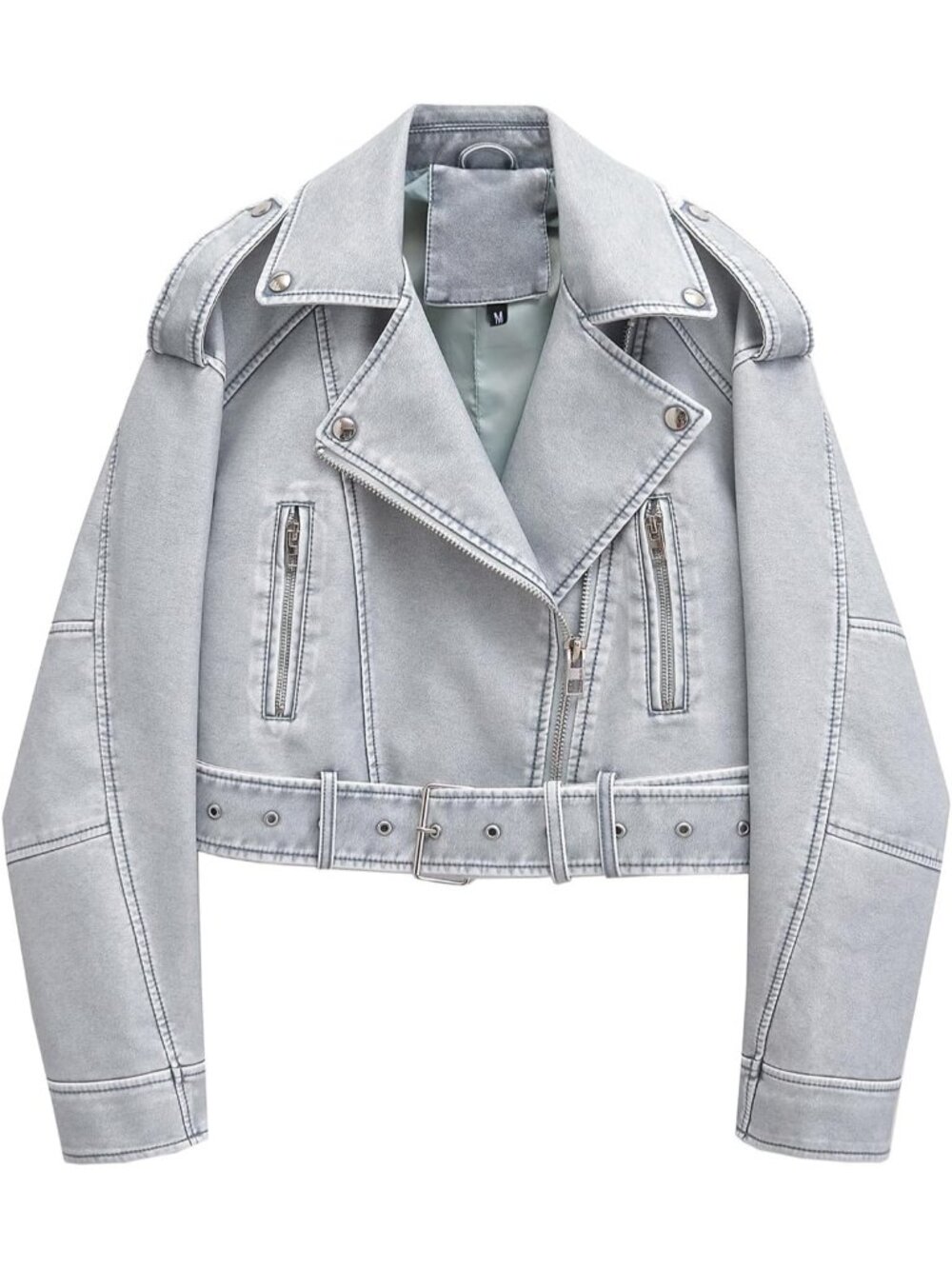 Women's Grey Blue Faux Leather Cropped Biker Jacket Vintage Short Belted Coat